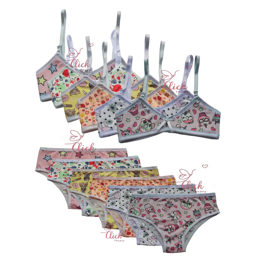 Kit 5 Conjuntos Sutia Espuma Sem Bojo e Calçinha Menina Moça Estampados em Oferta na Shopee