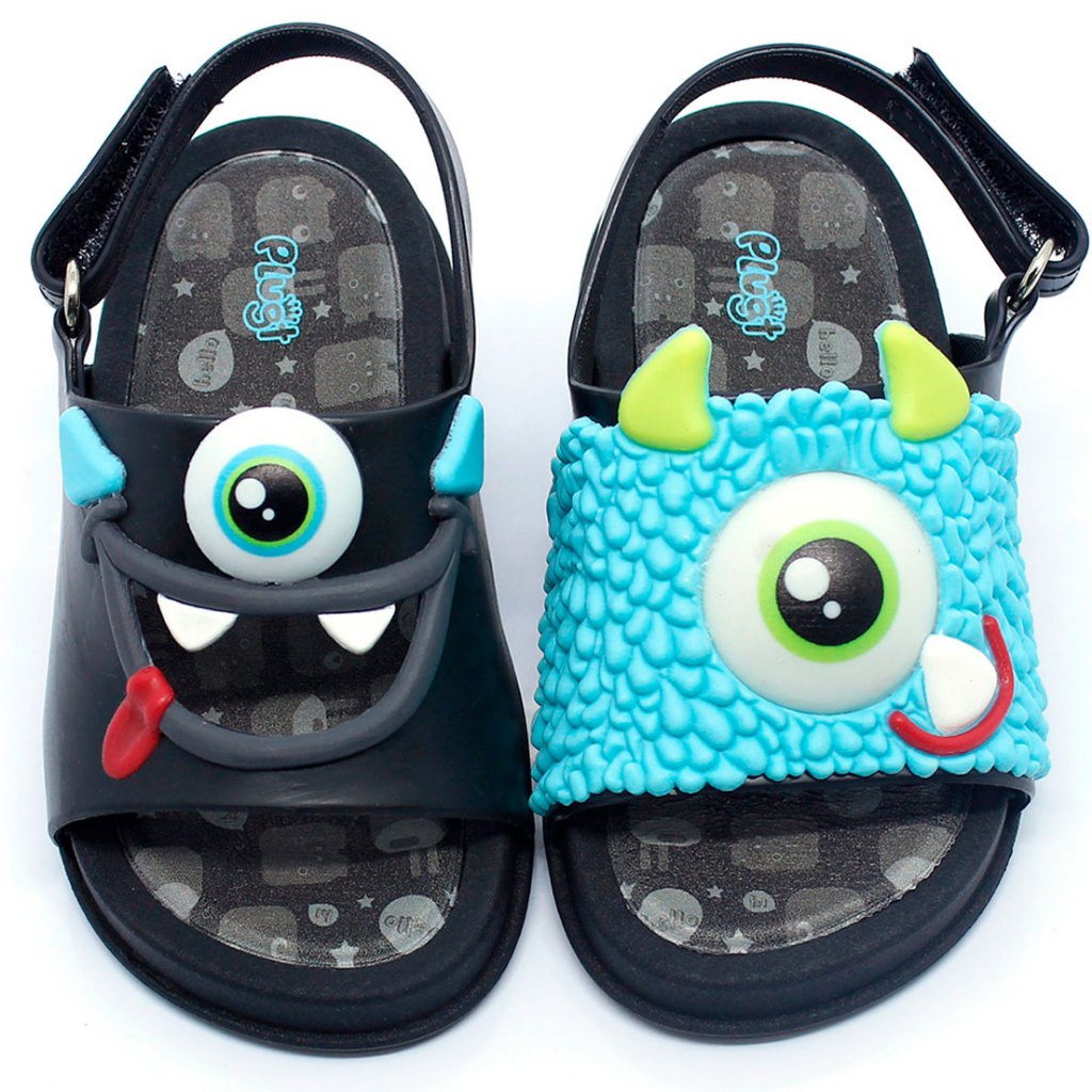 Sandália Infantil Plugt Menino Confortável Divertido Monstros Preto Azul Divertido Original