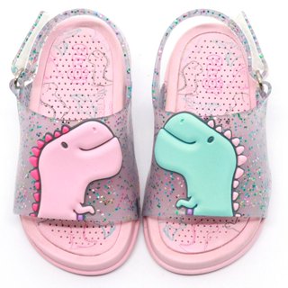Sandália Infantil Plugt Menina Confortável Dinossauro Transparente Glitter Rosa