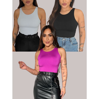 Kit 3 Body Feminino Regata Básico Tecido Duplo Lisa Blusinha Suplex Sem Bojo