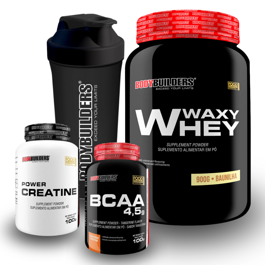 Kit Whey Protein Waxy Whey Pote 900g, Power Creatina 100g, BCAA 4,5g 100g, Coqueteleira - Bodybuilders Kit para musculação