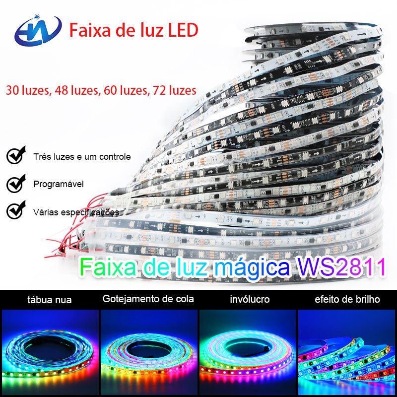 WS2811 5m RGB 5050 Alto Brilho Fita LED Meteoro Controle Som/Remoto Iluminação Ambiente