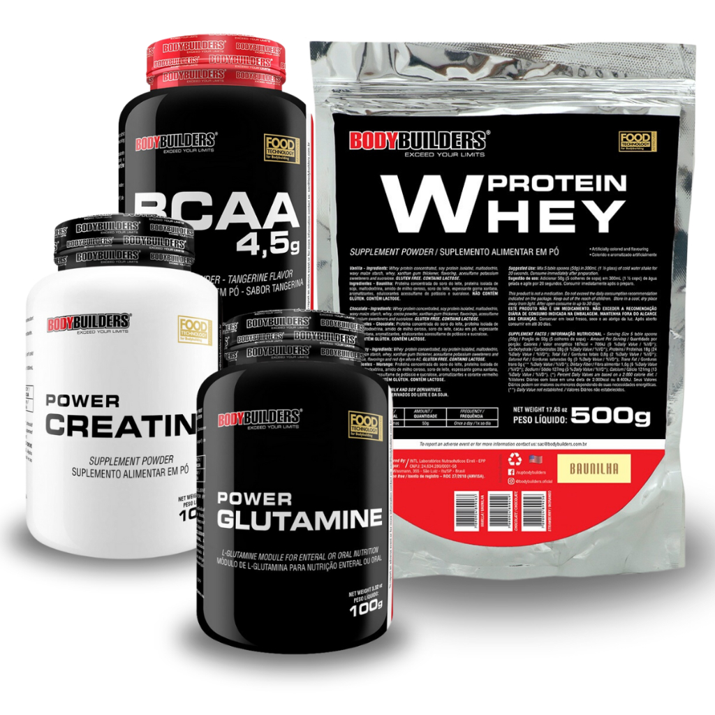 Kit Whey Protein Concentrado em Blend Proteico 500g + Power Creatina 100g + Power Glutamina 100g + BCAA 4.5g 100g - BodyBuilders Suplemento para Definição e Performance