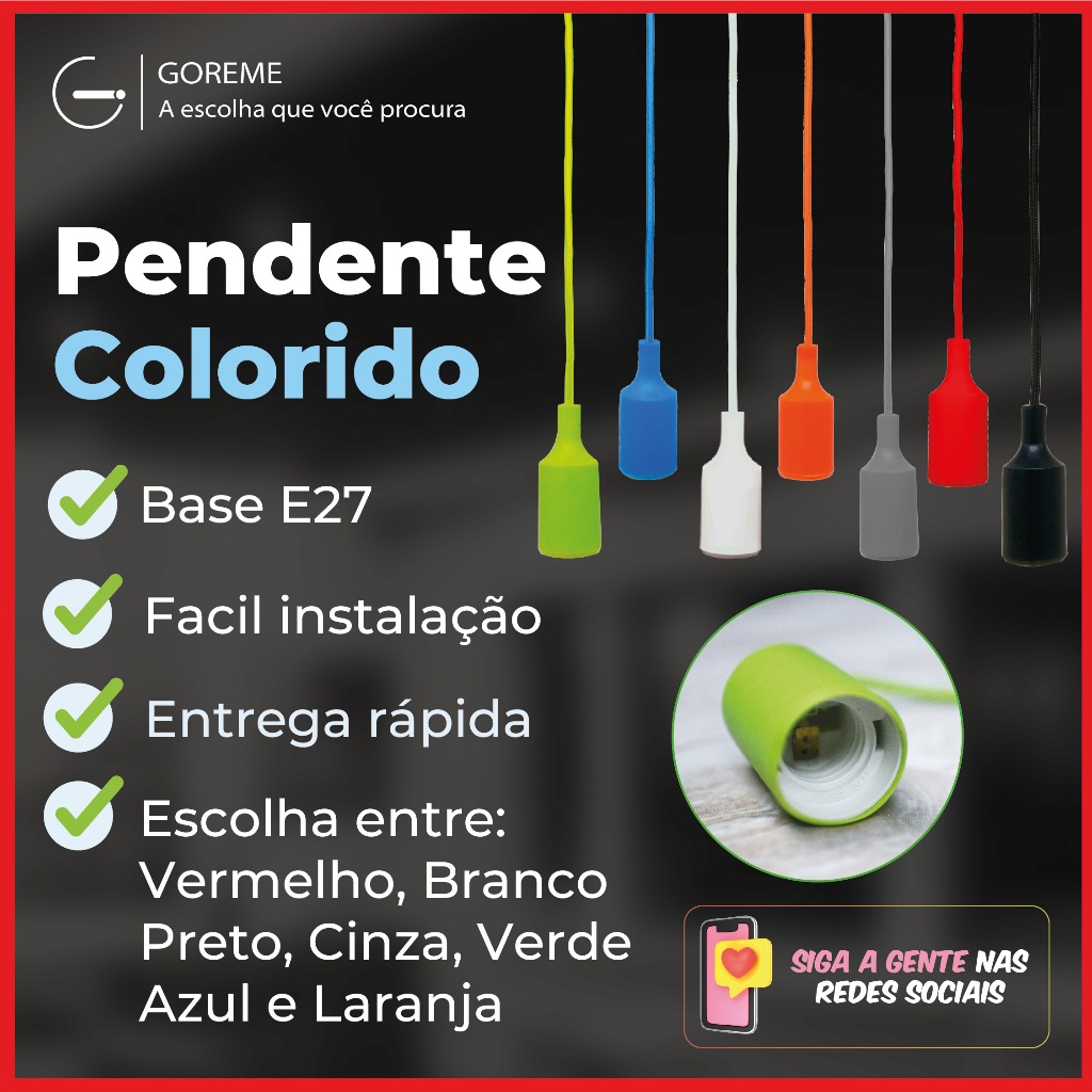 Luminária Pendente Luz LED D1 Colorido Vermelho | Branco | Preto | Cinza | Verde | Azul | Laranja em Oferta na Shopee