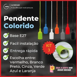 Luminária Pendente Luz LED D1 Colorido Vermelho | Branco | Preto | Cinza | Verde | Azul | Laranja