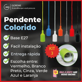 Kit 3 Luminária Pendente Luz LED D1 Colorido Vermelho | Branco | Preto | Cinza | Verde | Azul | Laranja em Oferta na Shopee