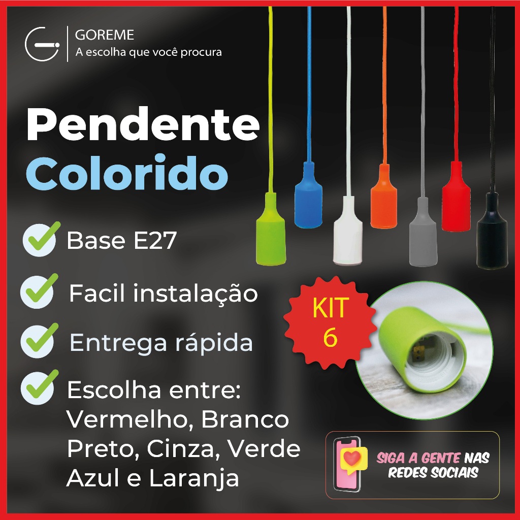 Kit 6 Luminária Pendente Luz LED D1 Colorido Vermelho | Branco | Preto | Cinza | Verde | Azul | Laranja