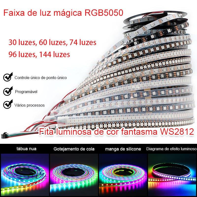 Fita LED RGB WS2812 5m (DC5V): Alto Brilho, Controle Individual, Efeito Meteoro para Festas e Decoração de Ambientes