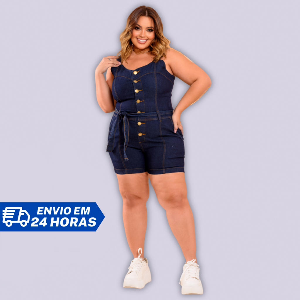 Macaquinho Jeans Plus Size Curve Escuro Com Lycra e Elastano Tecido Premium na Promoção-Atenas Jeans