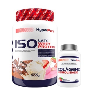 Kit Whey Protein Isolate 900g + Colágeno Hidrolisado 200g Sabor: Morango - Hyperpure Kit para melhora do desempenho físico e fortalecimento de pele e cabelos