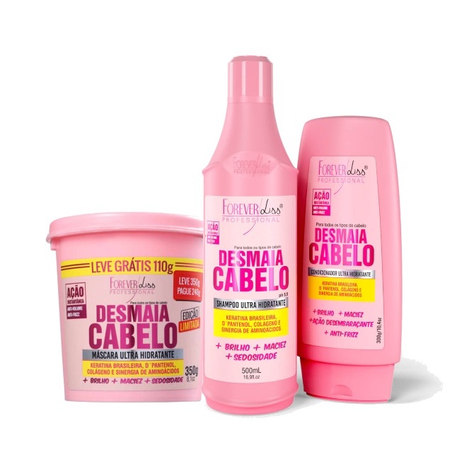 Kit Desmaia Cabelo com Shampoo 500ml + Máscara 350g e Condicionador 300g Forever Liss