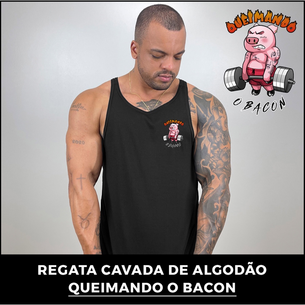 Regata Masculina Cavada em Algodão Bombey - Estampa Queimando Bacon