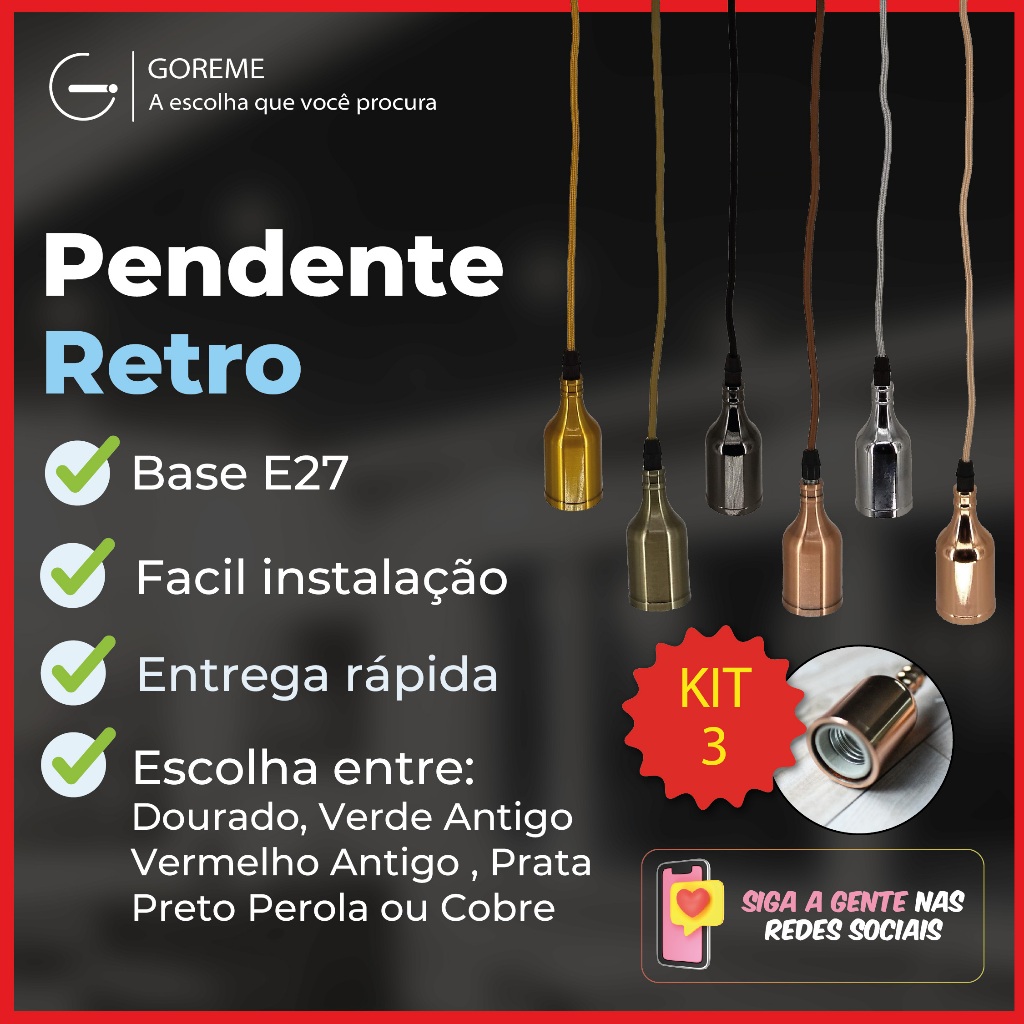 Luminária Pendente A8 E27 Cor Dourado | Verde Antigo | Vermelho Antigo | Preto Perola | Prata | Cobre