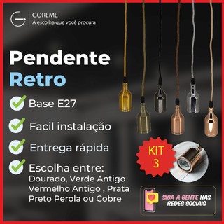 Kit 3 Luminária Pendente A8 E27 Cor Dourado | Verde Antigo | Vermelho Antigo | Preto Perola | Prata | Cobre em Oferta na Shopee