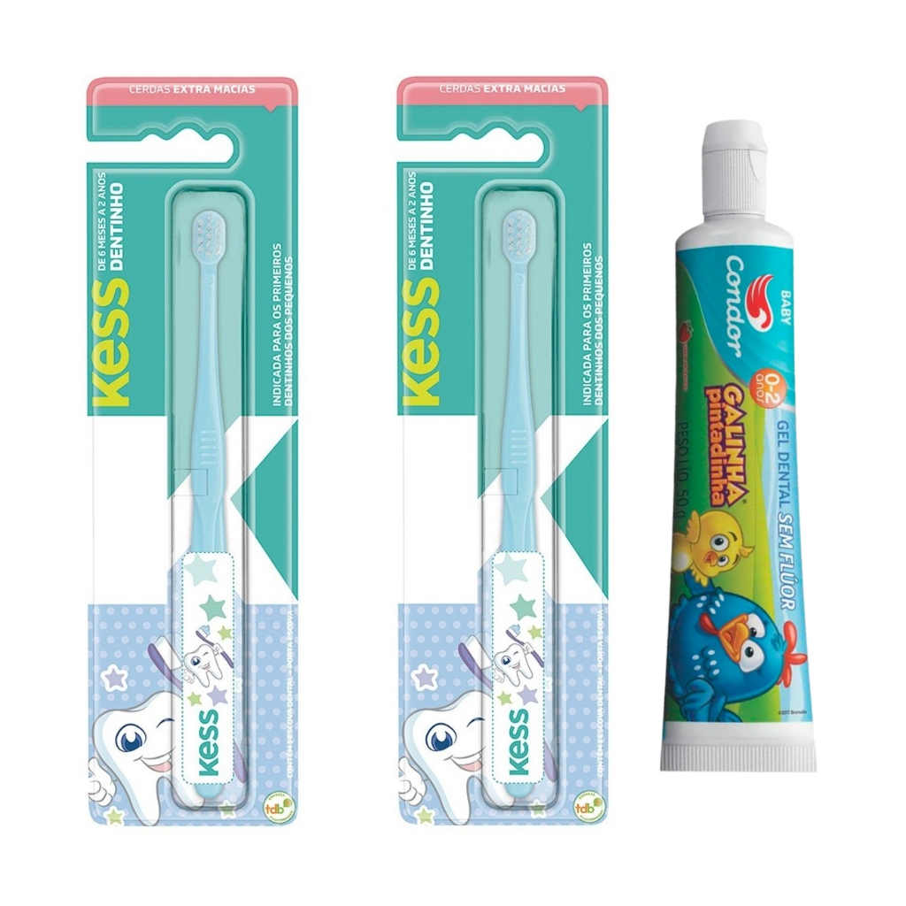 Kit com 2 Escova de Dente + Pasta Kess Sem Fluor Dentinho para Bebê Baby 6 meses Protetor Rosa Azul