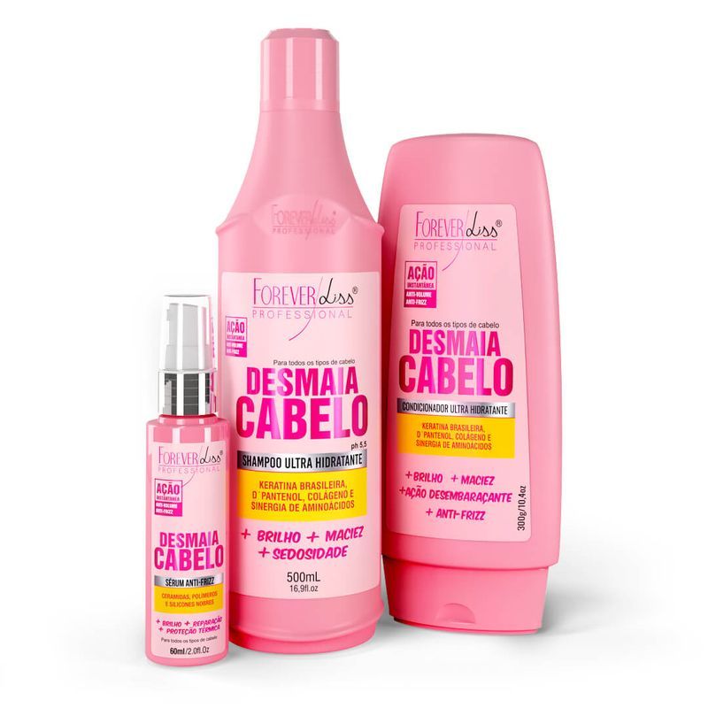 Kit Desmaia Cabelo Shampoo 500ml + Condicionador 300g e Sérum 60ml Forever Liss