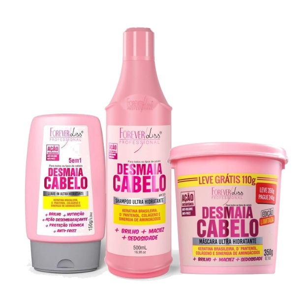 Kit Desmaia Cabelo Anti Frizz e Volume Forever Liss - Shampoo 500ml + Leave-in 140g + Máscara 350g