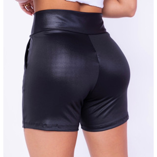 Shorts Feminino Couro Cirrê Cintura Alta Com Friso e Bolsos Frontal Cirre