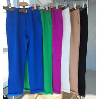 Calça Social Alfaiataria Feminina com Cinto com Bolso Montaria Moda Cintura Alta C01