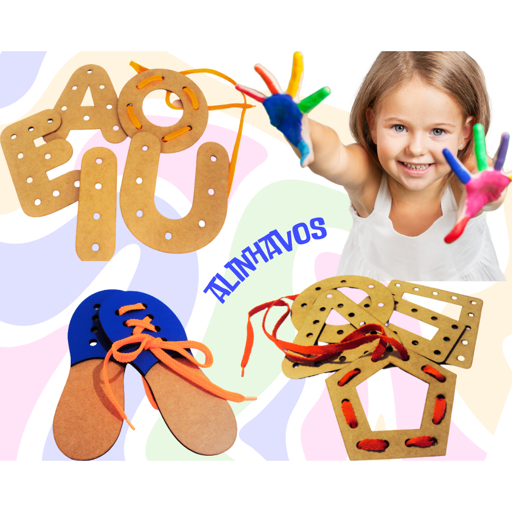 Brinquedos Educativos Alinhavos de Vogais, Formas Geométrica Sapato em Mdf 3mm madeira mdf tabuleiro pedagógico didático