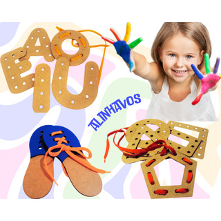 Brinquedos Educativos Alinhavos de Vogais, Formas Geométrica Sapato em Mdf 3mm madeira mdf tabuleiro pedagógico didático