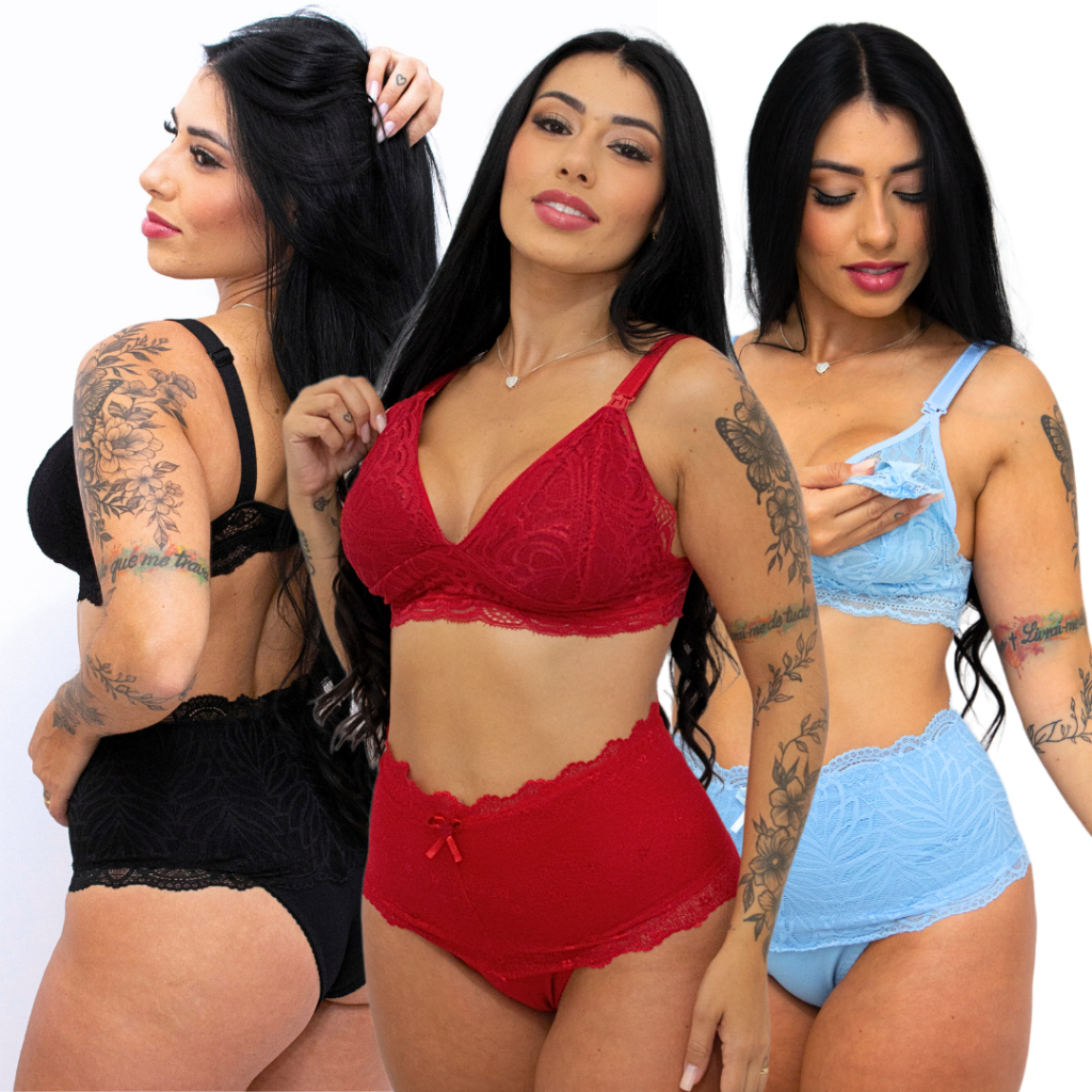 Kit 3 Conjuntos Amamentação Sutiã E Calcinha Gestante Pós Parto Fácil de Amamentar em Oferta na Shopee