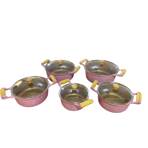 Jogo 5 Panela Teflon Antiaderente Aluminio Fundido Grosso Rosa tampa de vidro