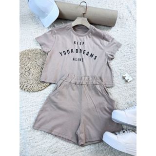 Conjunto de camiseta cropped com short feminina de algodão com gola redonda simples e confortável 100% algodão casual fashion keep your dreams alive