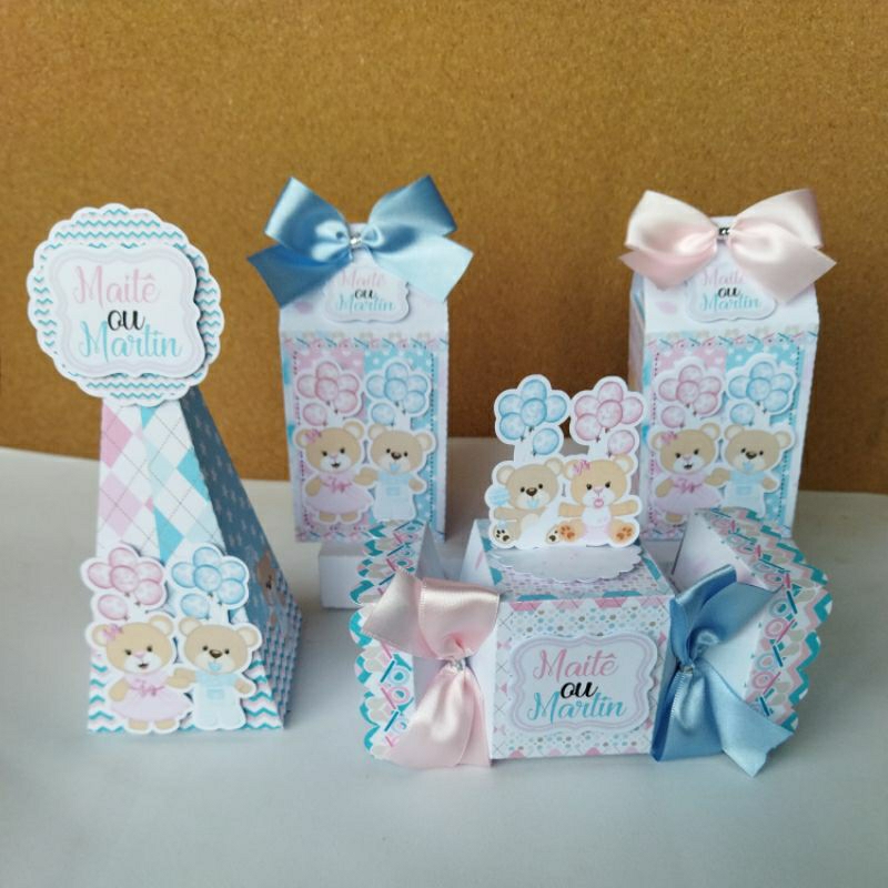 Kit Festa Lembrancinhas Chá Revelação Urso -Pegue e Monte- Caixas personalizadas - Lembrancinhas Personalizadas