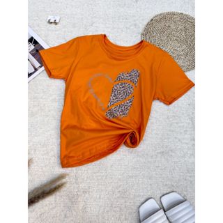 Camiseta blusa T-Shirt Feminina Algodão Gola Careca simples confortável 100% algodão Moda casual padrão de coração com estampa de leopardo