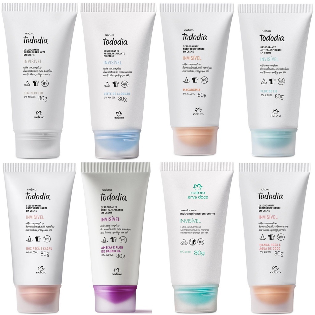 Desodorante em Creme Tododia 80g, Algodão, Ameixa, Erva Doce, Sem Perfume, Macadamia, Noz Pecã e Cacau, Natura Cosmético