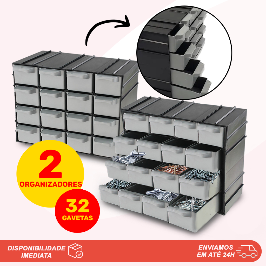 Kit 02 Gaveteiros Organizadores 16 Gavetas Empilhável Para Ferramentas Parafusos Pregos Buchas Pesca Anzois Iscas Costura Agulhas Linhas Botões Alfinetes Arqplast