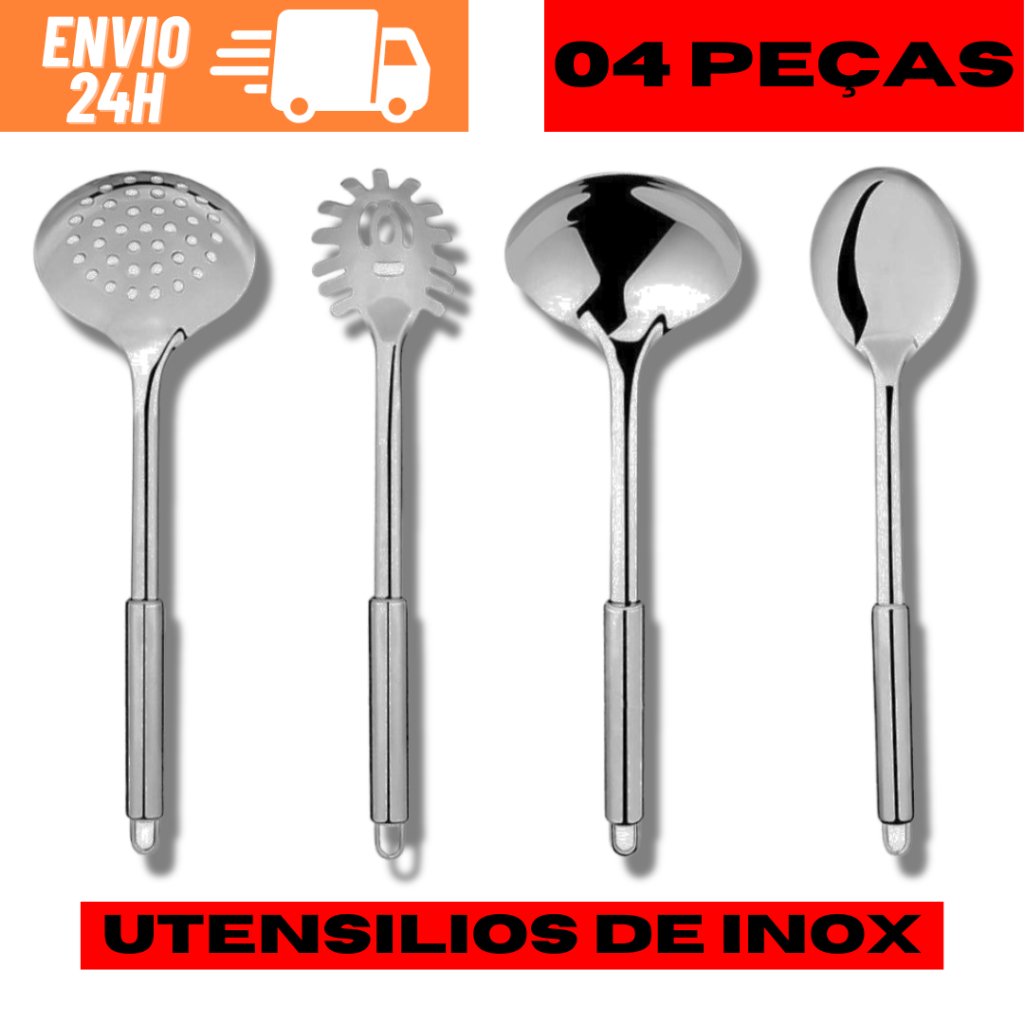 Jogo Kit Utensílios De Cozinha 4 Peças 100% Inox Escumadeira Colher De Servir Concha Pegador De Macarrão Jogo De Kit Utensílios de Cozinha 4 Peças 100% Aço Inox