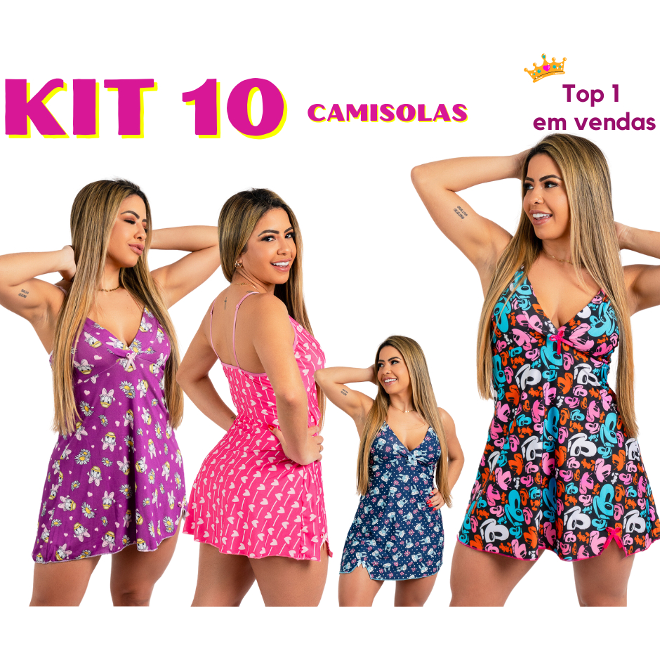 KIT com 10 Camisolas Vestido de Dormir Confortável Pijama Feminino Camisola Sexy REVENDA