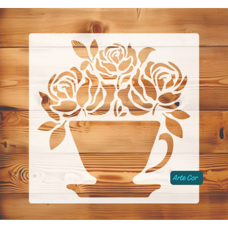 Estencil Rosas na xícara / n.70 com 20x20 cm