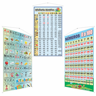 Banners Pedagógicos Sílabas Simples Alfabeto E Números - Kit 3 Und - Banner Grande 60x100 cm - Material Didático Escolar