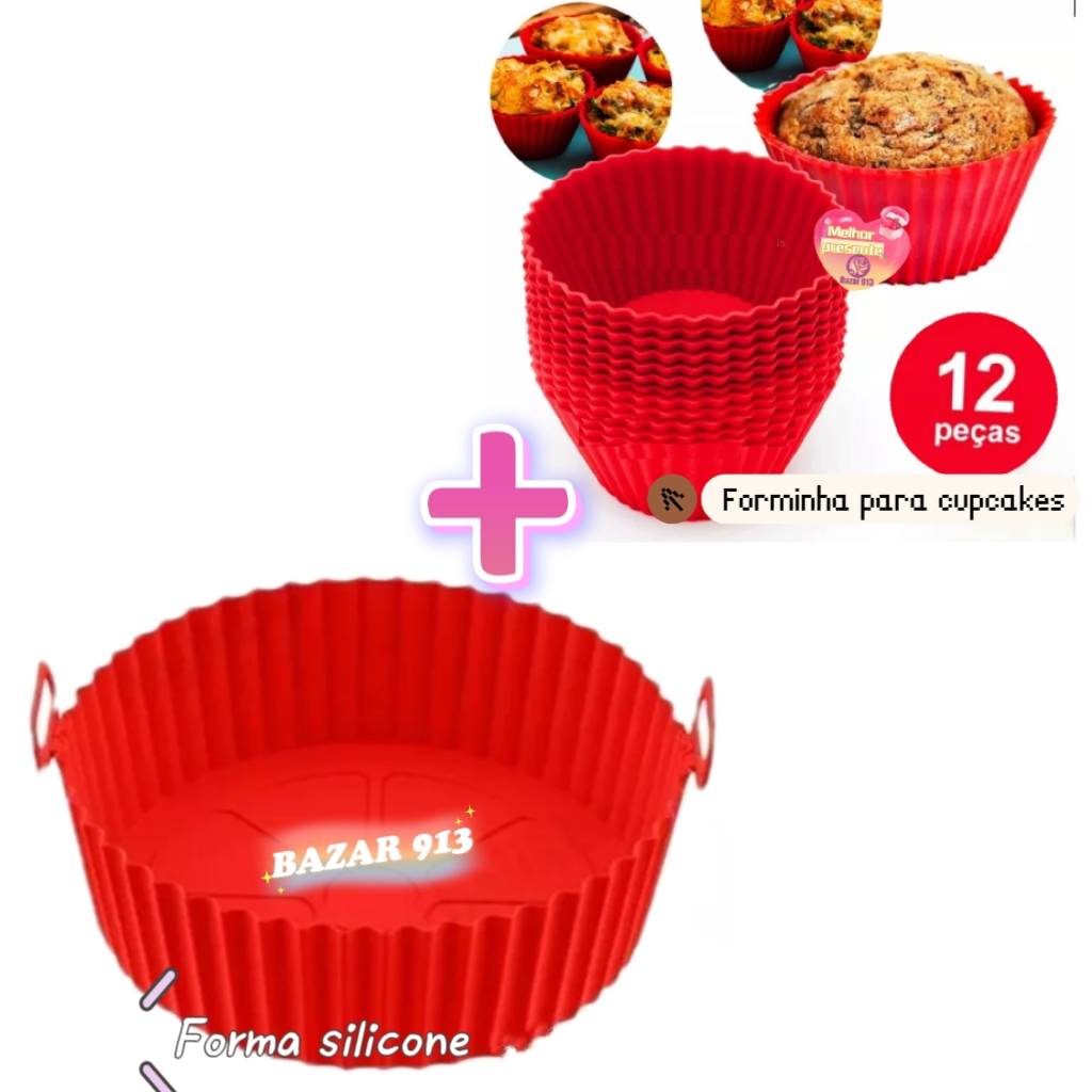 Bandeja Forma Silicone Para Air Fryer + Kit 12 Peças Forminhas De Silicone Forma Assadeira Para Cupcake Mini Bolo Cozinha