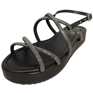 Sandália Feminina Birken Flatform Plataforma Papete com Tiras em Strass Rasteira com Fivela Ref. 30/33