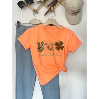 Camiseta blusa T-Shirt Feminina Algodão Gola Careca simples 100% algodão Moda casual peace/love/luck
