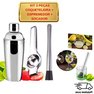 Kit Coqueteleira Inox 750ml + Espremedor + Socador Inox Bebidas Coqueteis Caipirinha Bar Restaurante