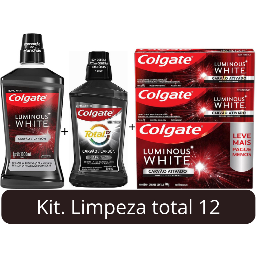 Creme Para Clareamento Dental Colgate Luminous White Carvão Ativado 4 unid 70g /Kit Enxaguante Bucal Colgate Luminous White Carvão 500ml/Enxaguante Bucal para Clareamento Co