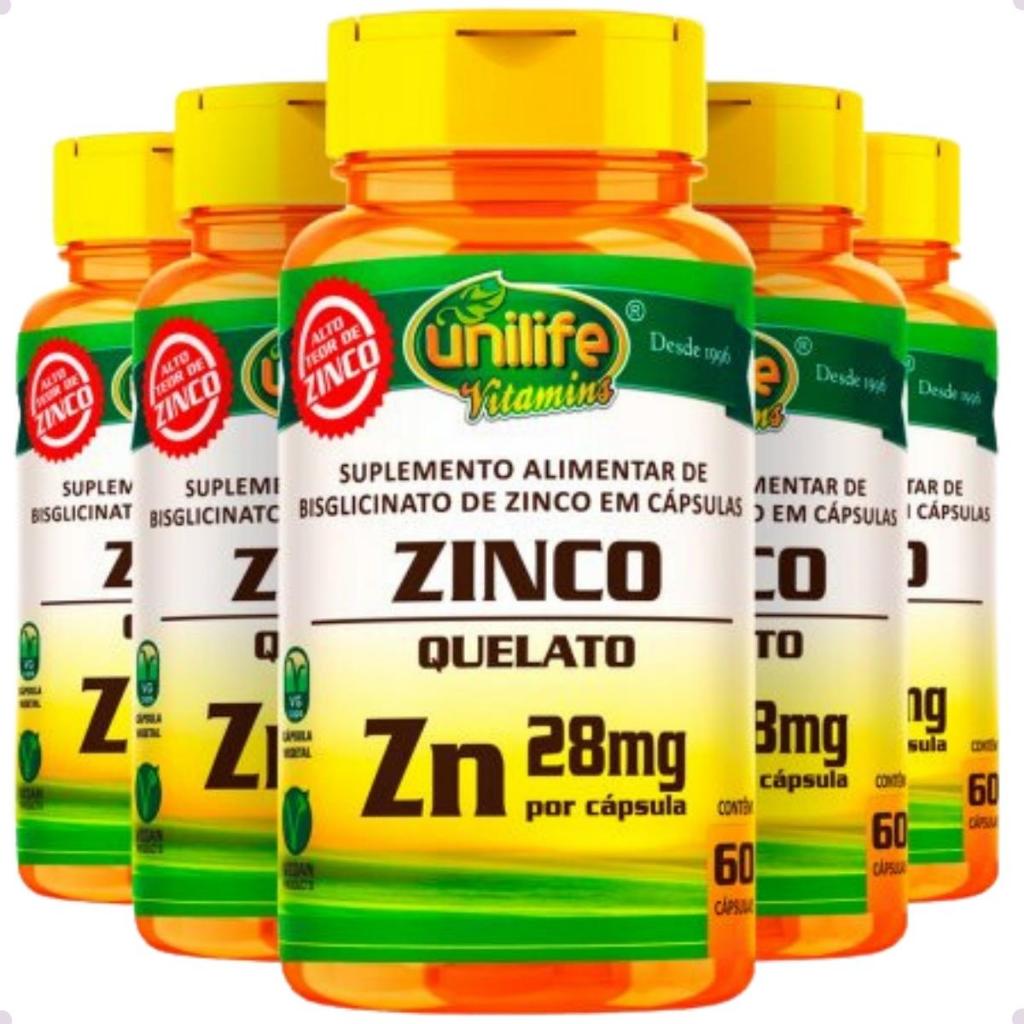 Kit 5 Zinco Quelato 60 Capsula Suplemento Vitamínico Unilife