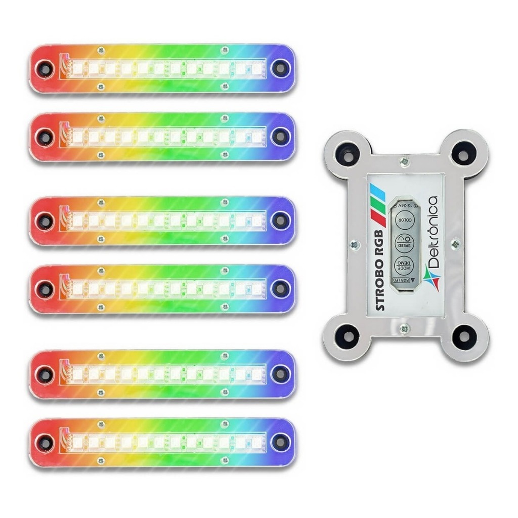 Kit Super Strobo LED Deltrônica RGB 6 Faróis 12V P/ Som Automotivo Carro Festa Tuning Efeito Flash