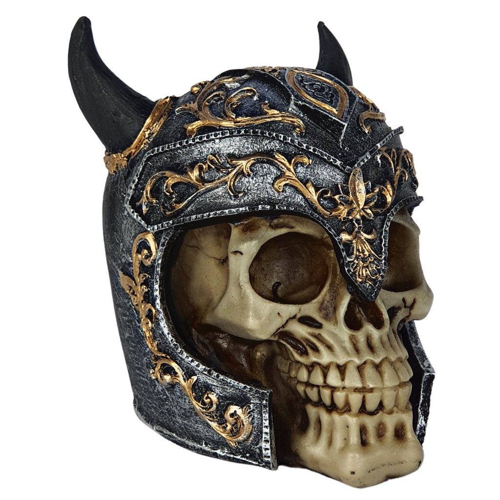 Estatueta Caveira Cranio Com Capacete Medieval Idade Media Decorativo Enfeite Halloween