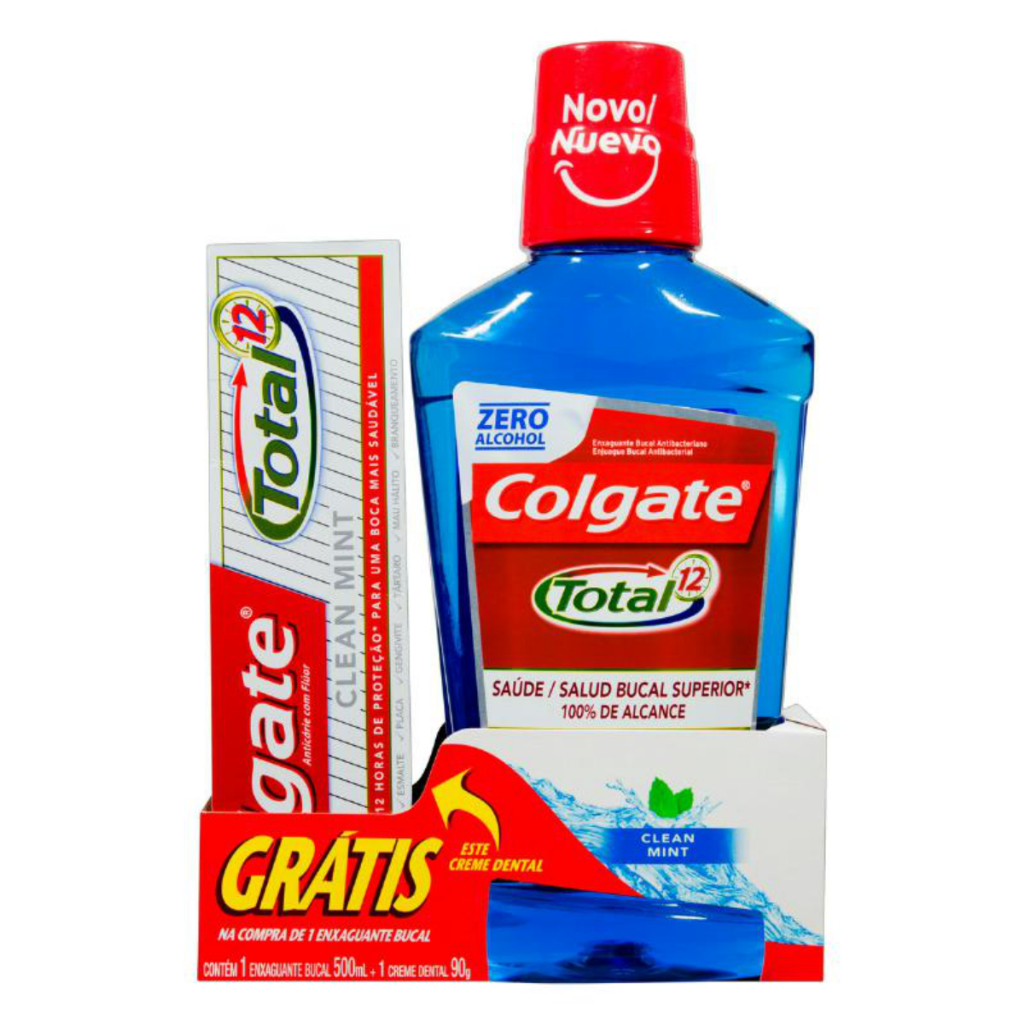 Kit Enxaguante Bucal Colgate Total 12 Clean Mint 500ml grátis Pasta Dental Total 12 90g Colgate