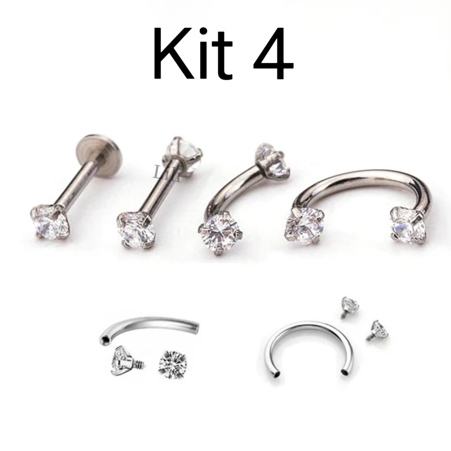 Kit conjunto 4 Piercing de aço prego zircão lábio sobrancelha orelha ferradura