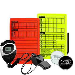 Kit Apito Fox 40 Pearl C/ Cordão + Par Cartão Árbitro Futebol + Moeda Toss + Cronômetro