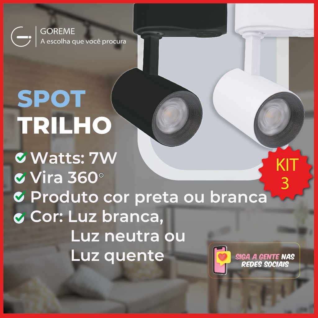 Kit 3 Spot para Trilho 7w Preto | Branco | Luz Branco Frio 6500K [BRANCO] | Branco Neutro 4200K [BRANCO] | Branco Quente 3000K [AMARELO] - Home & Living