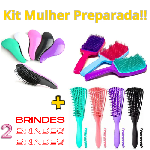 Kit Mulher Preparada Escova de Cabelo,1 Escova Polvo Desembaraçadora, 1 Magica Desembaraçar 1 Raquete  + 2 Brindes