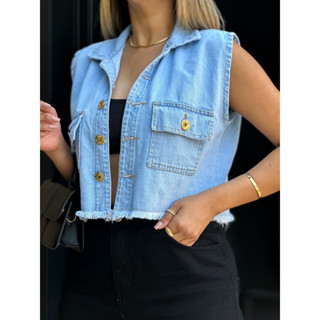 Jaqueta jeans colete bolso aba botão frente blusa 8128